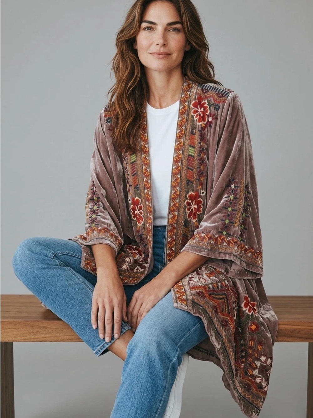 Johnny Was Mauve Velvet and Silk Walesca Draped Embroidered Cardigan